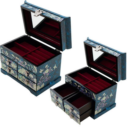February Mountain Elegant Mother of Pearl Jewelry Box – Handcrafted Wooden Chest with Intricate Butterfly and Crane Designs, 4 Drawer Storage, and Red Velvet Interior – Ideal Gift for Women