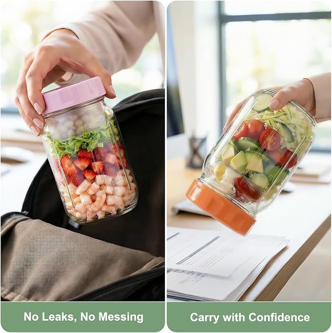 Salad Jars with Lids Meal Prep Containers Glass - 32oz Leakproof Mason Jars Salad Containers with Dressing Cup for Lunch Bentgo, Full Meal Salads Lunch Containers with Spoon Forks for Adults