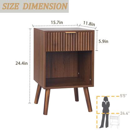 Fultyle Walnut Nightstand, Modern Night Stand with Fluted Drawer and Open Storage, Wooden Bedside Table with Solid Wood Legs for Bedroom, Living Room, Office (Walnut Brown)