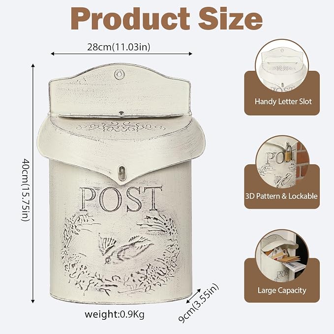 Wall Mount Mailbox for Outside, Metal Vintage Mail Box for Outdoor Decorative, Antique Style Nostalgic Charm Door Mailboxs for Home Garden House Farmhouse Porch Decor-White