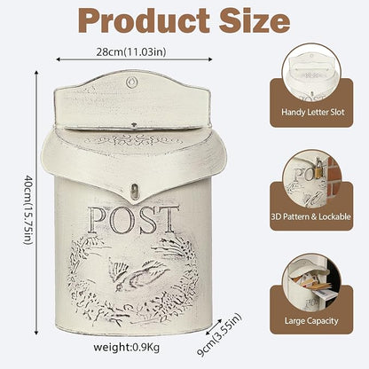 Wall Mount Mailbox for Outside, Metal Vintage Mail Box for Outdoor Decorative, Antique Style Nostalgic Charm Door Mailboxs for Home Garden House Farmhouse Porch Decor-White