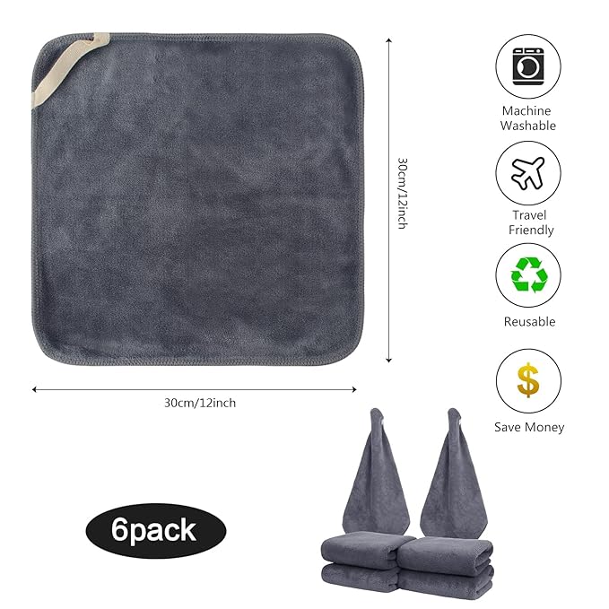 SINLAND Microfiber Facial Cloths Fast Drying Washcloth 12inch x 12inch Grey 6