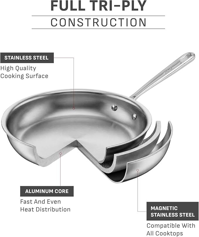T-Fal Pro Tri-Ply Stainless Steel Sauce Pan with Lid, 2.3 Quart Saucepan with Lid, Induction Pot, Oven Safe 500F, Lid-350F, Fast & Even Heat, Professional Quality & Durability, Silver
