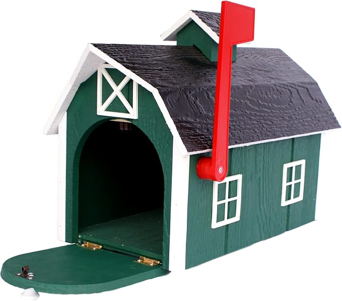 AmishToyBox Deluxe Wooden Mailbox, Dutch Barn Style (Forest Green with White Trim), Amish-Made