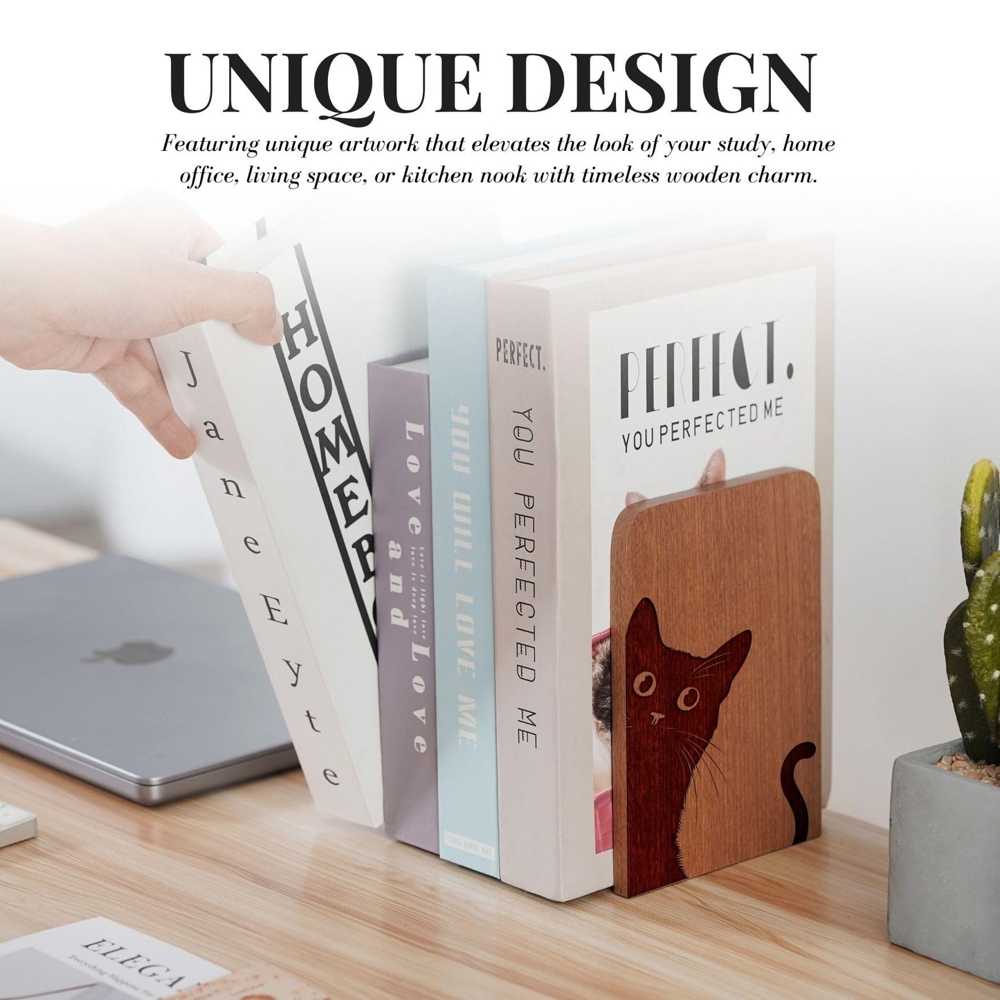 INNObeta Decorative Wooden Book Ends, Animal Bookends, Heavy Duty Bookends for Shelves Unique Design(1 Pair, 4.72x6.69 Inches) - Cattail