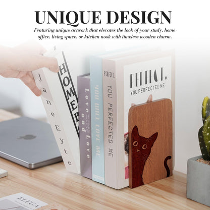 INNObeta Decorative Wooden Book Ends, Animal Bookends, Heavy Duty Bookends for Shelves Unique Design(1 Pair, 4.72x6.69 Inches) - Cattail