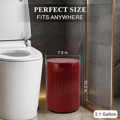 JiatuA Small Bathroom Trash Can with Lid, 2.1 Gallon Garbage Can with Pop-Up Lid Trash Bin Round Wastebasket for Kitchen Bedroom Office Living Room Toilet College Dorm, Red