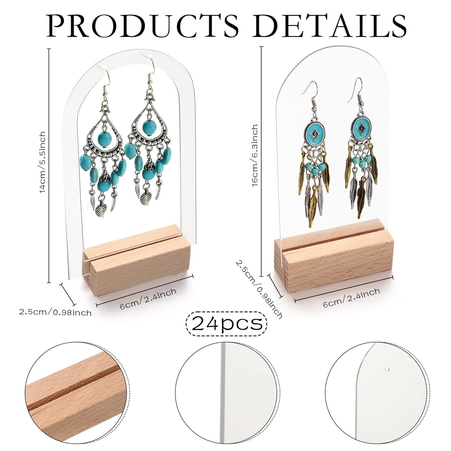 48 Pieces Acrylic Earring Display Stand Jewelry Retail Holder Arch Holder Solid Hollow Acrylic Sign Stand Jewelry Displays with Wooden Bases for Studs Dangle Earring