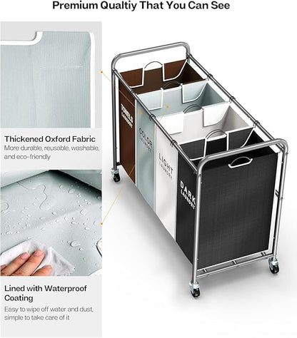 ROMOON Laundry Hamper Sorter Cart: 4-Section Organizer
