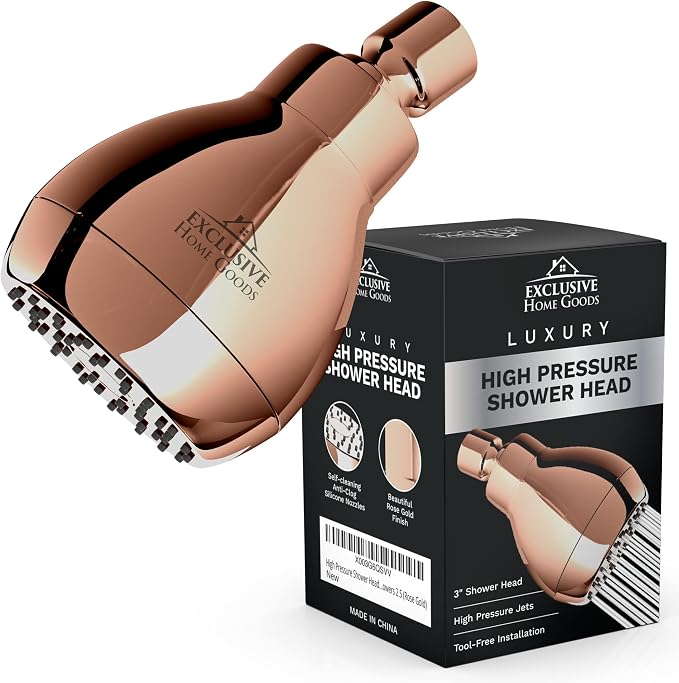 High Pressure Shower Head - Powerful Deluxe Bathroom Showerhead with Strong Spray Stream and Small Silicone Nozzles - Universal Fit Works with High and Low Water Flow Showers 1.8 GPM - Rose Gold