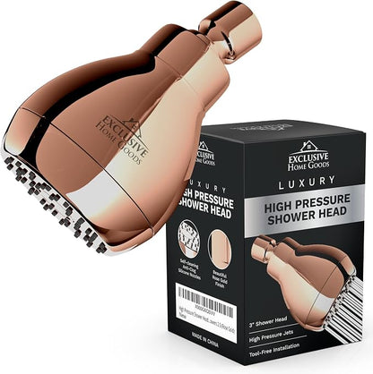 High Pressure Shower Head - Powerful Deluxe Bathroom Showerhead with Strong Spray Stream and Small Silicone Nozzles - Universal Fit Works with High and Low Water Flow Showers 1.8 GPM - Rose Gold