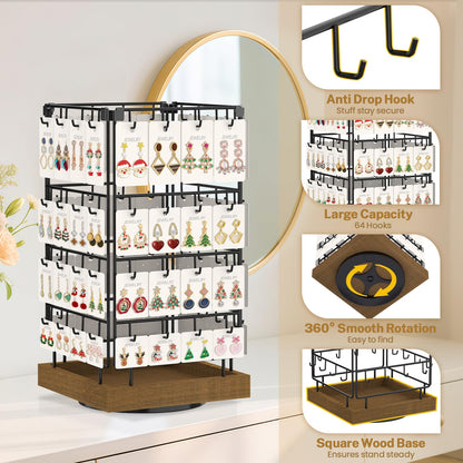 MODOWEY 360 Rotating Earring Cards Organizer Holder Stands for Selling Vendors, 64 Hooks Jewelry Display Tree, Large Capacity Storage Wood Rack Tower Women Dresser Stud Pierced, Brown