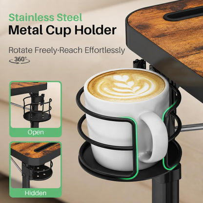Kitstorack Adjustable TV Tray Table, Large Folding TV Food Tray with Tilting Tabletop, Rotatable Cup Holder, Device Slot & Anti-Slip Stopper, TV Dinner Tray Table for Couch, Bed, Work & Eating