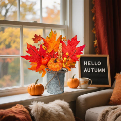 2 Pack 12" Fall Decorations for Home Fall Table Centerpieces Fall Arrangements Maples Leave Pumpkin Berried Wheat Realistic Moss in Metal Pots Thanksgiving Decorations for Home Kitchen Table Farmhouse