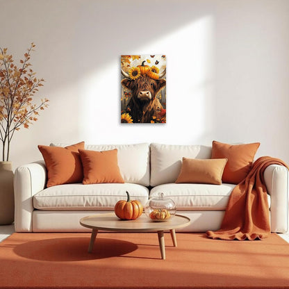 YMXDYMJSW Fall Canvas Wall Art Highland Cow with Pumpkin Pictures Prints Sunflower Paintings Autumn Harvest Artwork for Thanksgiving Kitchen Decor Framed (Brown,20L x 16W)