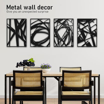 Modern Black Abstract Wall Art – 4 Panel Set (16x11”) – Minimalist Metal Artwork for Living Room, Bedroom, Office – Contemporary Home Decor, Easy to Hang