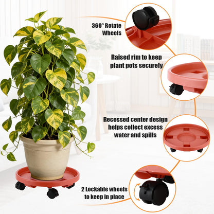 5-pack 11.8" Large Plant Caddy with Wheels Plastic Plant Dolly with Caster Flower Pot Mover Rollers Wheeled Rolling Plant Stands Round Plant Saucer Indoor Outdoor Base Coasters,Terracotta red