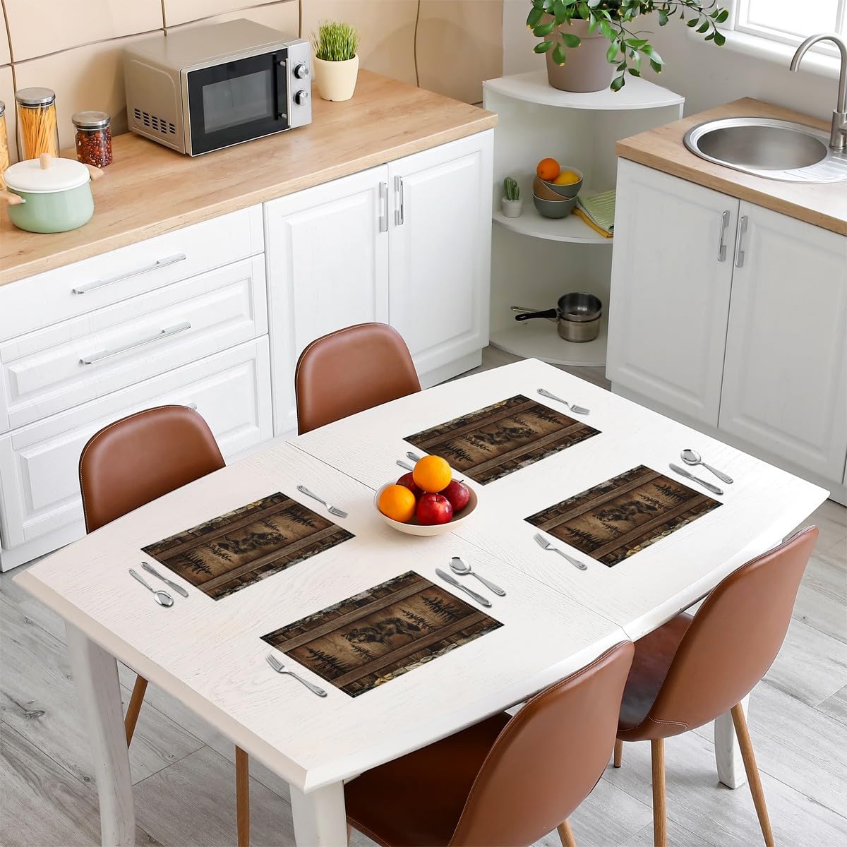Erosebridal Black Wolf Set of 4 Place Mats 12x18 Inch,3D Wildlife Wolf Table Mats for Kids Boys Girls,Brown Vintage Wooden Placemats,Jungle Safari Animal Waterproof Placemats for Kitchen