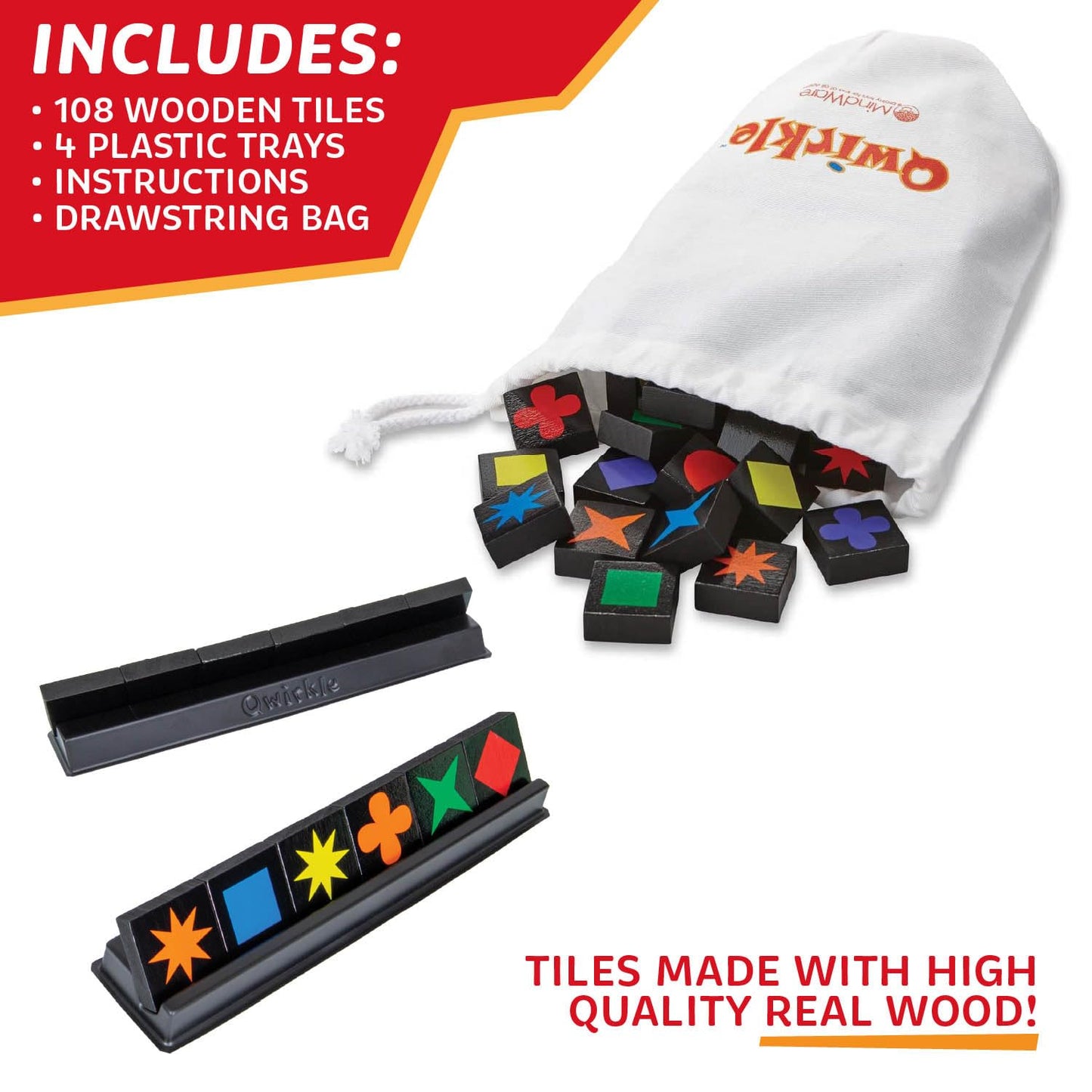 MindWare Qwirkle with Trays Board Game for Kids Ages 6+ Strategy Tile Game for Family Game Night 2-4 Players with 108 Wooden Tiles and 4 Trays