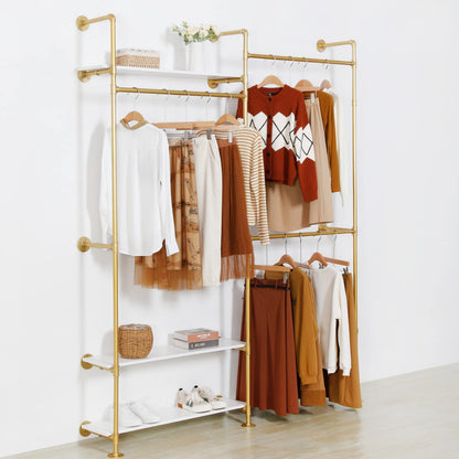 EDCB Heavy Duty Industrial Clothing Rack - 3-Tier Wall Mounted Garment Rack with Wood Shelves, Golden Pipe Closet Storage Organizer for Retail Stores & Bedroom (92.1X76.8inch)