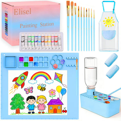 Elisel Painting Station,5 IN 1 Art Paint Supplies Kits,Paint Brush Cleaner (Upgraded),Silicone Painting Mat 12 Colors Paint Set,10 Paint Brushes,Painting Apron for Kids Artist Beginners (Blue, 5)
