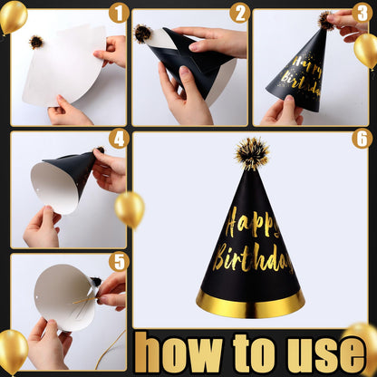 Patelai 25 Pcs Black and Gold Birthday Party Set: 1 black and gold Banner, 3 Glasses, 10 Whistles, 11 Cone Hats for Birthday Party Decoration