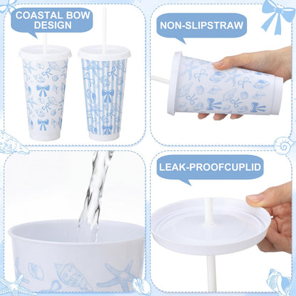Pickmesh 12 Pcs 24 oz Coastal Blue Bow Plastic Cups with Lids and Straws Bulk Coastal Ocean Party Decoration Supply Blue Shell Reusable Tumbler for Birthday Wedding Baby Shower Party