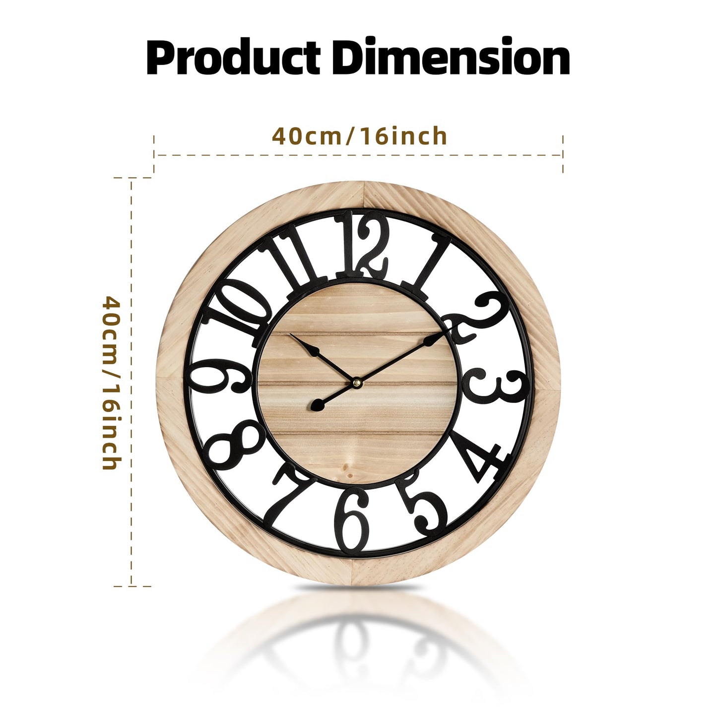 Maxstar 16'' Wall Clock for Living Room Decor, Ultra-Silent Rustic Wooden Farmhouse Wall Clock with Metal & Real Wood Frame, Battery Operated, for Kitchen Bedroom Office, Arabic Numerals