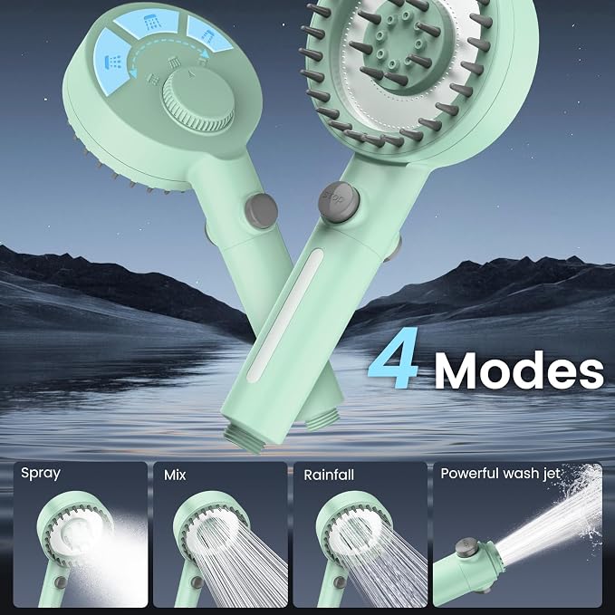 PWERAN Filtered Shower Head with Handheld, High Pressure 4 Spray Mode Showerhead with Filters, Water Softener Beads for Hard Water with ON/OFF Switch for Pets - Remove Chlorine (Green, 5 Inch Panel)