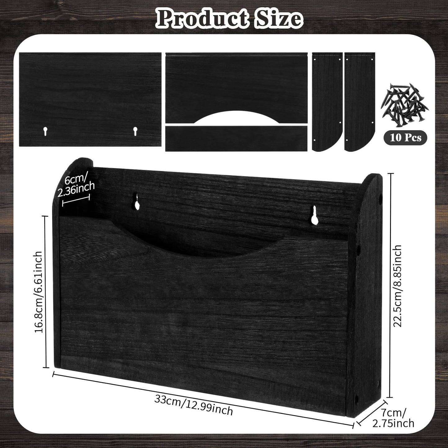 Suzile Wall Mounted File Holder Wood Magazine Holder Wall Hanging File Organizer for Office Mail Magazine Letter Paper Folder Organization (Black)