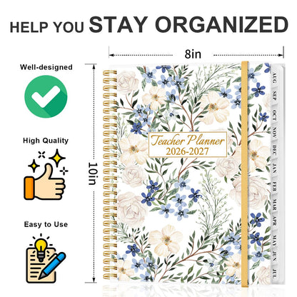 2026-2027 Teacher Planner, Lesson Planner from August 2026 - July 2027, Teacher Lesson Planner Book 2026-2027 for Teacher Class Schedule, Student Info & Weekly Planning, 8" x 10", Crushed Flower