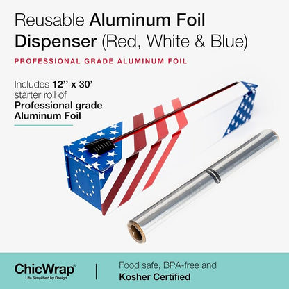ChicWrap Red, White and Blue Refillable Foil Dispenser - One 12"x 30' Roll of Professional Grade Aluminum Foil - Reusable Dispenser w/Slide Cutter - Kosher Certified - Reduces Waste & Saves Money