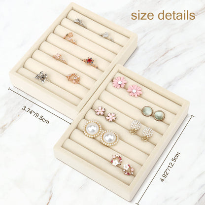 DesignSter Small Jewelry Tray-Ring Organizer 2PCS Premium Velvet Rings Earrings Display Tray Storage Insert Holder for Jewelry Box, Drawer, Dresser (8 Slots, Beige)