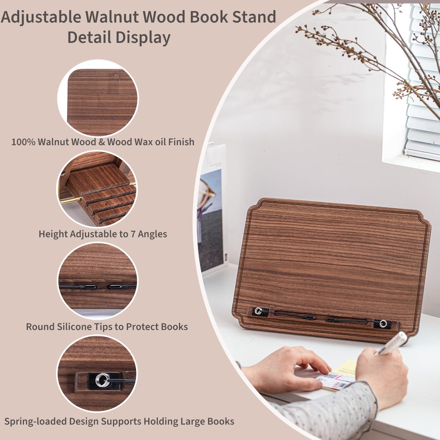 Mayhas Portable Book Stand for Reading, Adjustable Wooden Laptop Stand. Foldable Desktop Stand for Cookbook, Fits All Books (Walnut, Chinoiserie Simple)