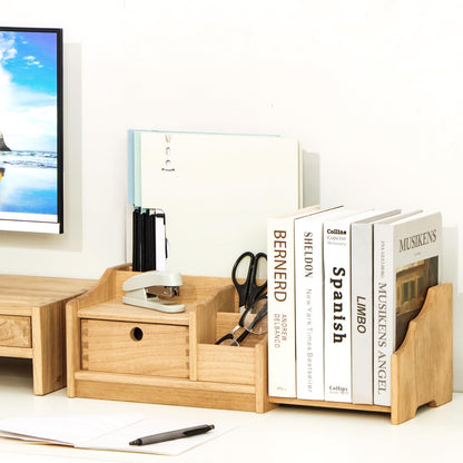 KIRIGEN Desktop Bookshelf Organizer with Drawer, Expandable Wood Desk Shelf, Fully Assembled Book Rack for Office Supplies, Files and Notebooks, Brown, 12.24 to 22.7 in Adjustable Width, SSSJ-S-NA