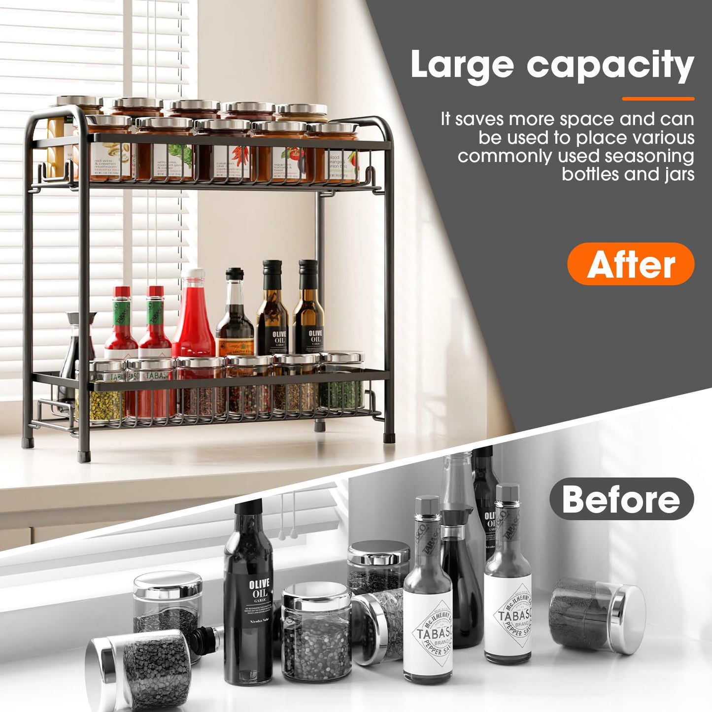 AURIKAR Spice Rack for Countertop, 2-Tier Standing Sturdy Metal Seasoning Organizer Holder, Space Saving Spice Shlef for Kitchen, Cabinet, Pantry Storage, Easy Assembly, Black