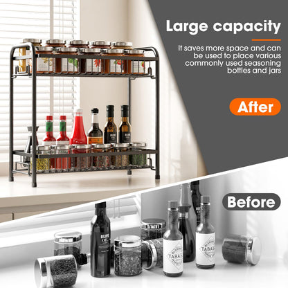AURIKAR Spice Rack for Countertop, 2-Tier Standing Sturdy Metal Seasoning Organizer Holder, Space Saving Spice Shlef for Kitchen, Cabinet, Pantry Storage, Easy Assembly, Black