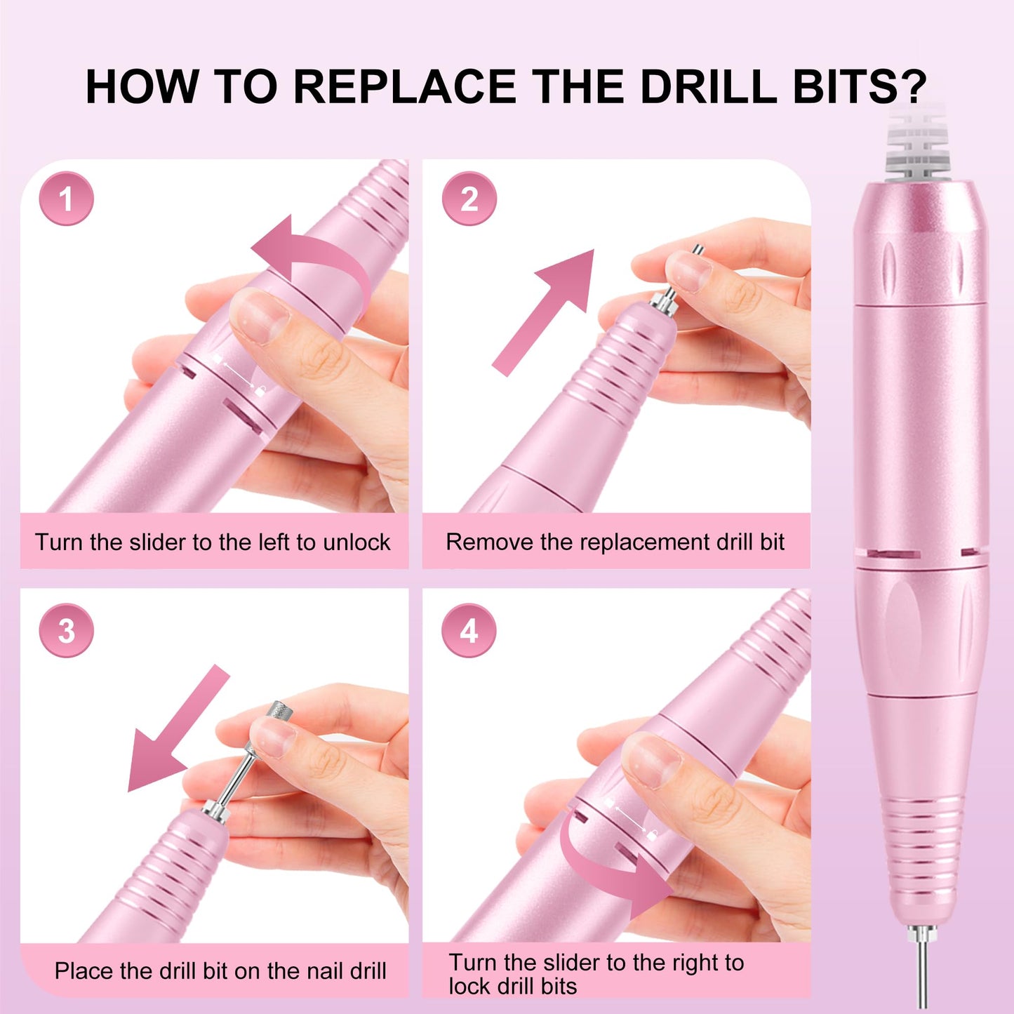 Professional Electric Nail Drill File:COSYGLOW Glitter Portable Cordless E-File Nail Drill Kit with 11 Drill Bits,30000 RPM Rechargeable Nail Drills Machine for Acrylic Nails Gel Polishing (Pink)