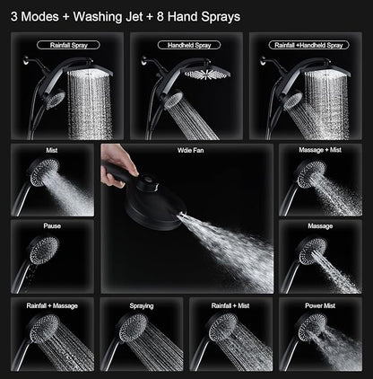 BOZYBO Rain Shower Head with Handheld: High Pressure Shower Heads with Handheld Spray Combo, 12" Rainfall Shower Head and 9 Sprays Hand Showerheads with Magnetic Docking and Power Jets, Black 1.75GPM