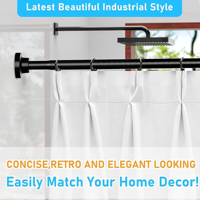 MEXAU Black Tension Curtain Rod 40-78 Inch Long Tension Rod 1.26" Spring Tension Curtain Rod Adjustable Curtain Rods No Drilling Tension Shower Rod Curtain Tension Rod for Bathroom Windows Doorways