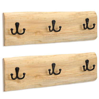 Threehoney 2 Pcs Wooden Coat Rack Wall Mount, 15.8 Inch Farmhouse Style with 3 Hooks, Heavy Duty Wall Hanger for Hanging Backpack, Jacket, Hat, Towel, Purse - Entryway, Bathroom, Bedroom Organizer