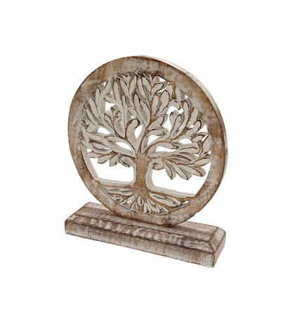 VANIYA CRAFTS® Wooden Tree of Life Table Sculpture – Handmade Carved Engraved Decor Statue for Living Room, Bedroom, Office, Shelf, or Cabinet (Antique White)