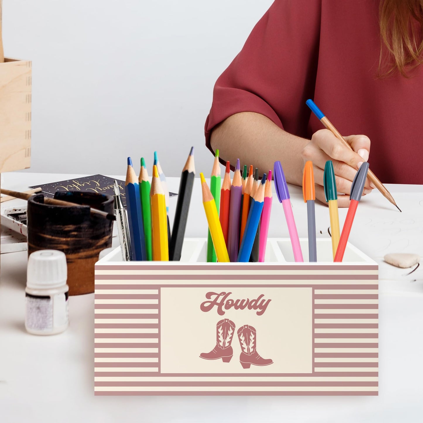 QZQE Pink Western Cowgirl Pen Pencil Holder Organizer for Desk, Pink Striped Howdy Western Boots Wooden Box Signs Decorations for Girls Room Bedroom Desk Tabletop, Cowgirl Gifts for Women