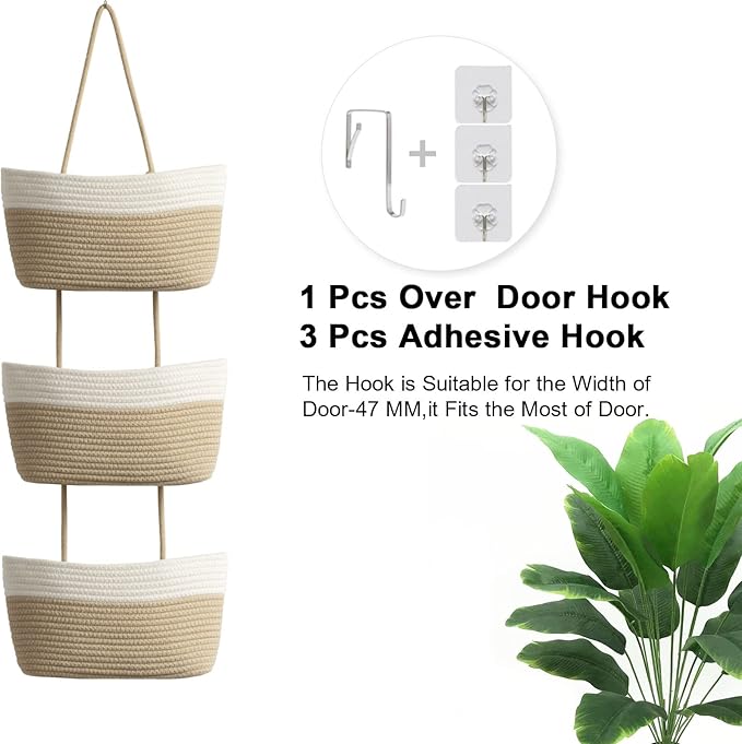 TeoKJ Over the Door Hanging Basket, 3-Tier Woven Cotton Wall-Mounted Storage