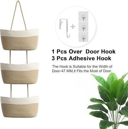 TeoKJ Over the Door Hanging Basket, 3-Tier Woven Cotton Wall-Mounted Storage