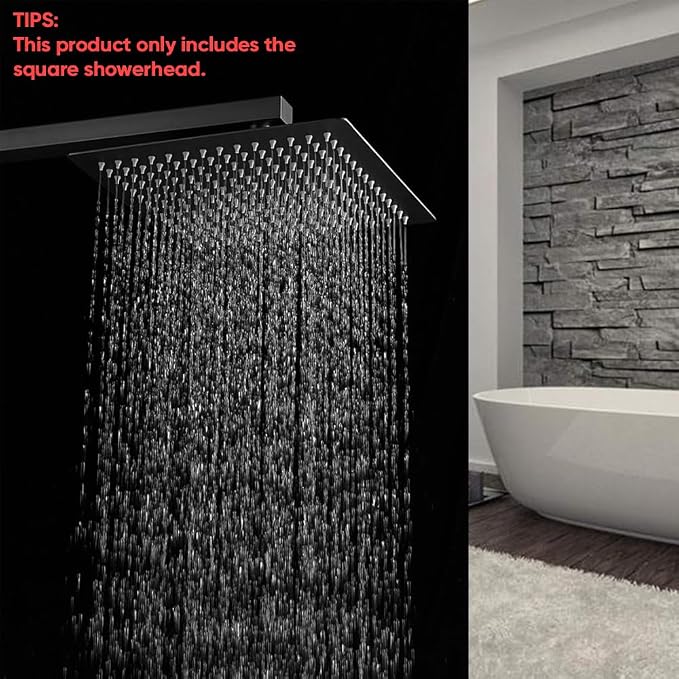 BESy 10 Inch Rain Shower Head, 10" Square Rainfall & High Pressure Stainless Steel Bath Showerhead, 1/16" Ultra Thin, Waterfall Full Body Coverage with Silicone Nozzle, Matte Black Finish