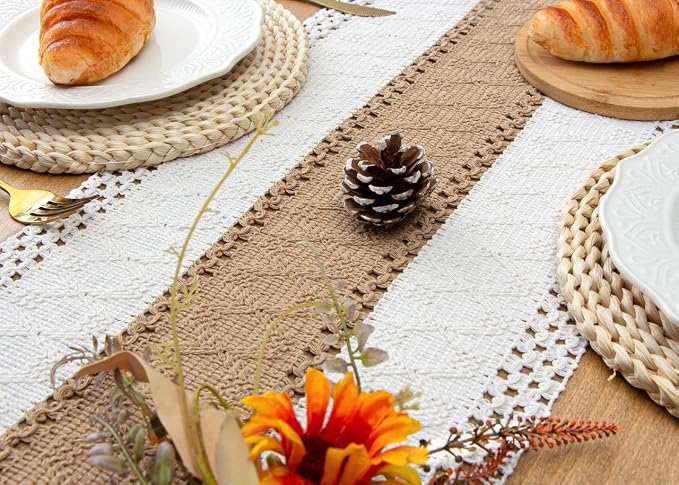 FEXIA Boho Table Runner for Home Coffee Decor 72 Inches Long Farmhouse Rustic Table Runner Macrame Burlap Centerpieces for Tables Decoration for Kitchen Bedroom Decor Bridal Shower (12x72 Inches)