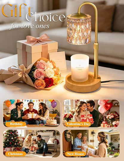 Briever Dimmable Candle Warmer Lamp with Timer, Height Adjustable Electric Candle Wax Warmer, Birthday Gifts for Women Mom, House Warming Gifts New Home Decor, Solid Wood Base, Natural Wood Champagne