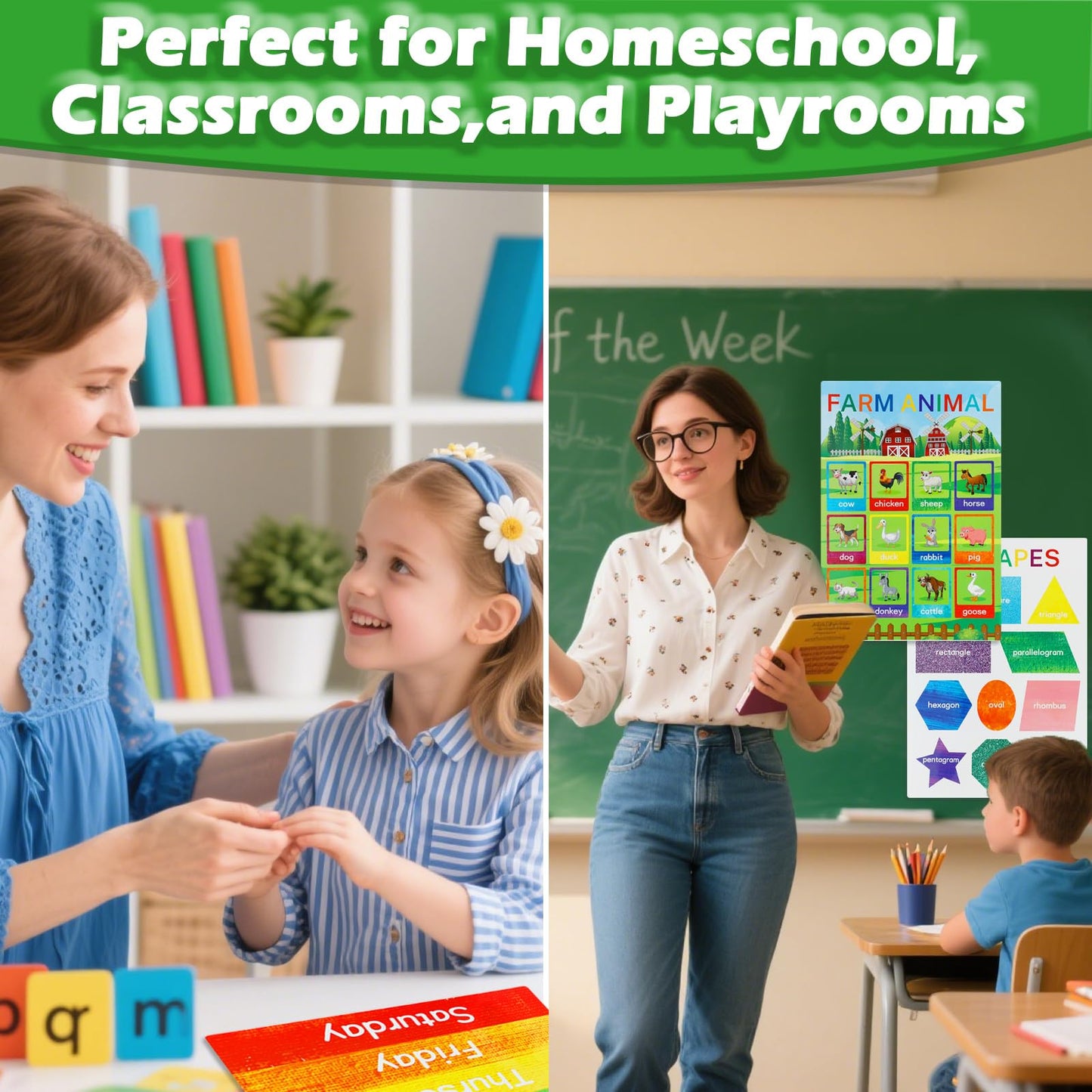 Educational Posters for Elementary Preschool Kindergarten Classroom Learning, Preschool Learning Posters for ABC Alphabet, Time, Number, Months,Colors, Weather, Animals, More, 16.5x11 Inch (12P Style B)
