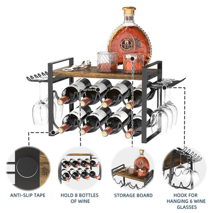 JAFUSI Wine Rack for Countertop, Metal Tabletop Wine Holder, Natural Wood 8 Wine Bottles Storage Shelf Stand with Wood Tray 6 Glasses Hooks